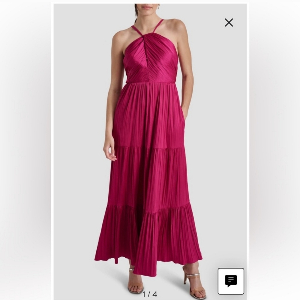 DKNY Plissé Halter Maxi Dress in Raspberry Cocktail NWT sz.16 crossover front